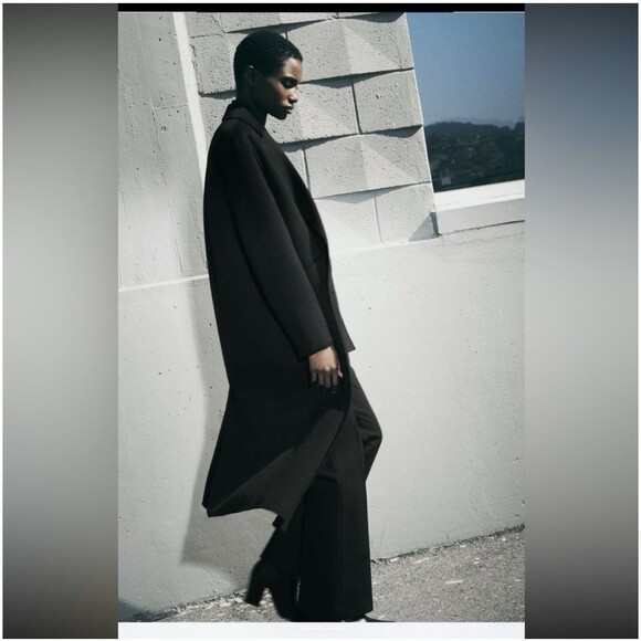 Zara Women's Medium Double Breasted Long Topcoat Peacoat Black Wool Blend - Picture 9 of 16